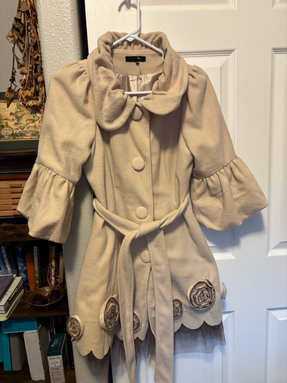 Cream Floral-Trim Belted Coat